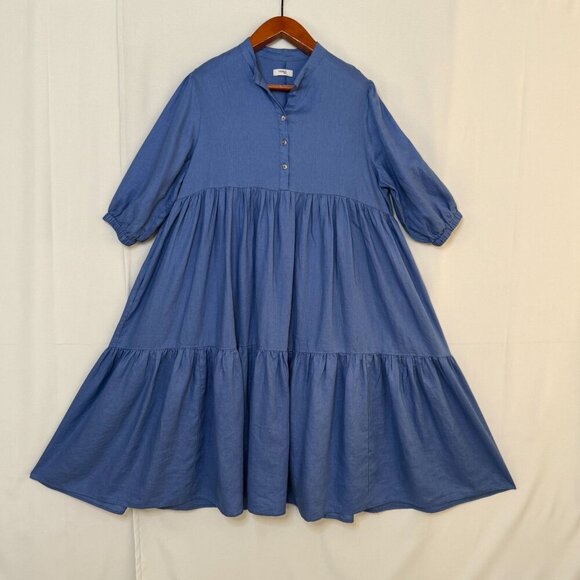 Visible Art Blue 100% Linen Ballon 3/4 Sleeves Empire Waist Midi Dress Size XL